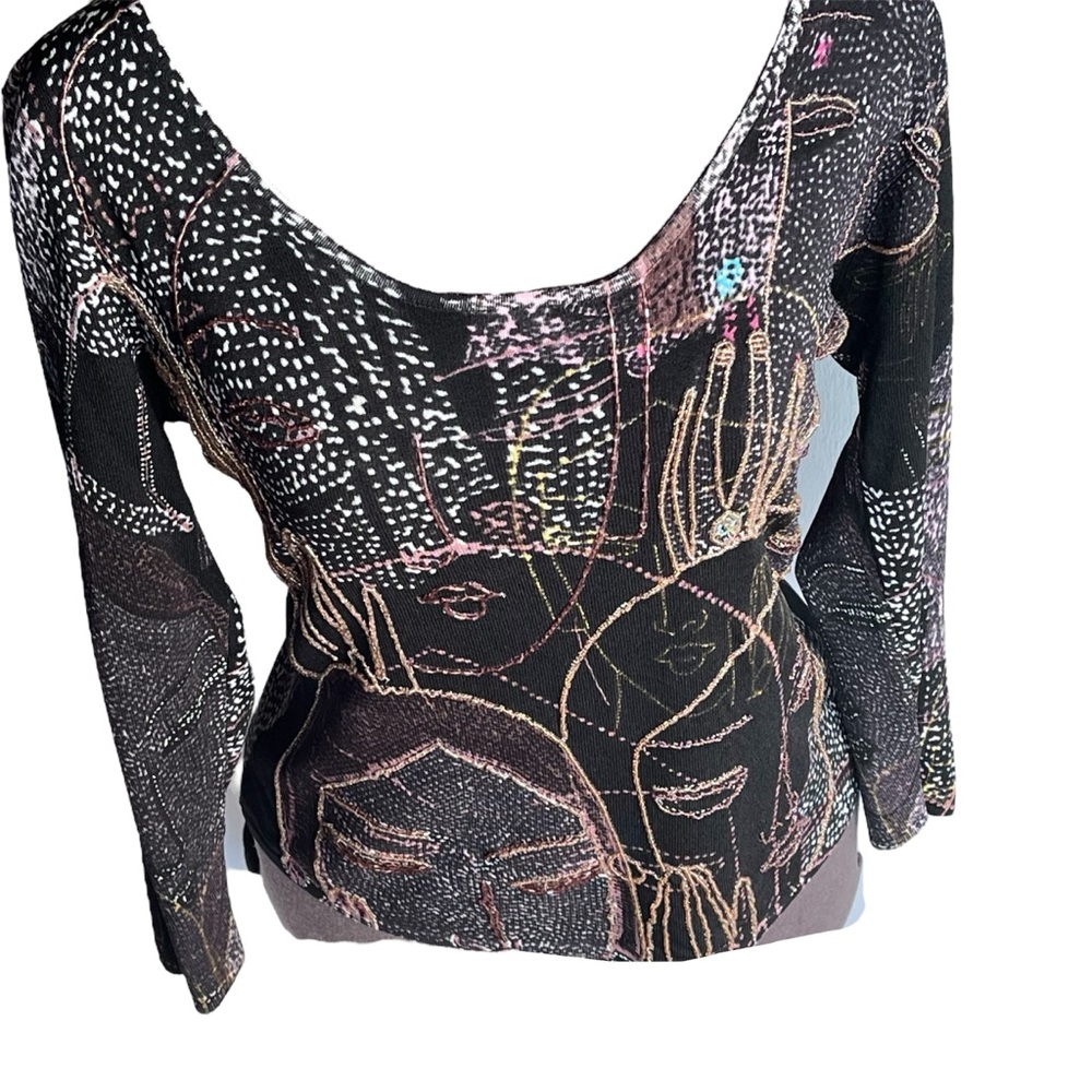 Caren Brook Y2K Stretchy Top   Womens SZ L Abstract Art Faces in Browns Beading